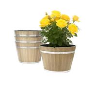 VEVOR Plant Pots, 4 Pack 11.81 inch Whiskey Barrel Planters with Drainage Holes, Large Outside Plastic Decoration Flower Pot Imitation Wine Barrel Design for Indoor Outdoor Garden Home Plants, Brown