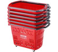 VEVOR Plastic Rolling Shopping Trolley Basket On Wheels 6PCS 39L with Handle Red