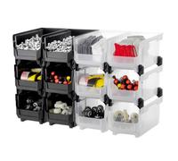 VEVOR Plastic Stackable Storage Bins, 14.8 x 8.5 x 7.1 inch (12 Pack), Plastic Containers for Organizing & Storage Bins for Garage, Small Parts, Office Supplies, Other Accessories, Black & Transparent