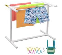 VEVOR Pool Towel Rack, 5 Bar, White, Freestanding Outdoor PVC T-Shape Poolside Storage Organizer, Include 8 Towel Clips, Mesh Bag, Hook, Also Stores Floats and Paddles, for Beach, Swimming Pool, Home