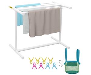 VEVOR Pool Towel Rack, 5 Bar, White, Freestanding Outdoor PVC T-Shape Poolside Storage Organizer, Include 8 Towel Clips, Mesh Bag, Hook, Also Stores