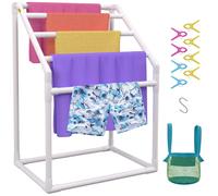 VEVOR Pool Towel Rack, 5 Bar, White, Freestanding Outdoor PVC Trapedozal Poolside Storage Organizer, Include 8 Towel Clips, Mesh Bag, Hook, Also