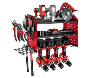 VEVOR Power Tool Organizer Wall Mount, 3-Layer Storage Rack with 4 Drill Holders, Tools Holder and Storage Rack with Side Pegboards, Garage Tool Organizer for Garage, Workbench, and Workshop