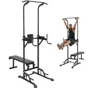 VEVOR Power Tower with Bench, 10-Level Height Adjustable Pull Up Bar Stand Dip Station & Detachable Bench, Multi-Function Home Gym Strength Training Fitness Equipment with Backrest, Elbow Pads, 440LBS