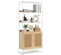 VEVOR Rattan Bookshelf, Ladder Shelf with 2 Doors, Rectangle Freestanding Open Storage Bookcase Rack Organizer, Storage Display Shelves Ideal for Library, Meeting Room, Office, Study, Natural