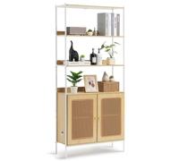 VEVOR Rattan Bookshelf, Ladder Shelf with 2 Doors, Rectangle Freestanding Open Storage Bookcase Rack Organizer, Storage Display Shelves Ideal for Libr