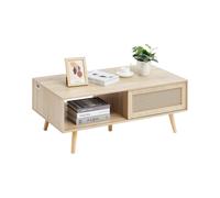 VEVOR Rattan Coffee Table, Mid Century Modern Coffee Table, Rectangle Wood Coffee Table, 42 Inch Modern Boho Style Two Layers Storage Coffee Table,