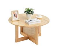 VEVOR Round Rattan Woven Wood Coffee Table with Rubber Wood Top, 33 in Modern Boho Circular Storage Coffee Table with Natural Wood Legs, for Living Room, Bedroom & Small Spaces