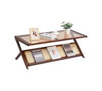 VEVOR Rattan Coffee Table, Z-Shaped Rattan Woven Bamboo Coffee Table with Tempered Glass Top, 47” Modern Boho Storage Coffee Table with Natural Bamboo Legs, for Living Room, Bedroom & Small Spaces