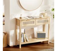 VEVOR Rattan Console Table with 2 Storage Drawers, Rattan Entryway Table with Natural Rattan Sliding Door, Console Sofa Table for Living Room, Study,