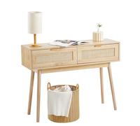 VEVOR Rattan Console Table with 2 Storage Drawers, Rattan Entryway Table with Natural Rattan Sliding Door, Console Sofa Table for Living Room, Study, Entryway Or TV Wall, Natural