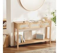VEVOR Rattan Console Table with 3 Storage Drawers, Rattan Entryway Table with Natural Rattan Sliding Door, Console Sofa Table for Living Room, Study, Entryway Or TV Wall, Natural