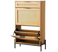 VEVOR Rattan Shoe Cabinet, Narrow Shoe Storage Organizer with 2 Flip Rattan Drawers & 1 Slide Drawer, Metal Legs, Slim Shoe Entryway Cabinet Ideal for Entryway, Closet, Hallway, Light Wood Color