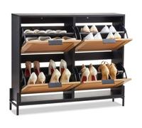 VEVOR Rattan Shoe Cabinet, Narrow Shoe Storage Organizer with 4 Flip Drawers, Slim Shoe Entryway Storage Cabinet with Metal Legs, Ideal for Entryway, Closet, Hallway, Light Wood Color