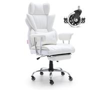 VEVOR Reclining Office Chair with Footrest, Heavy Duty PU Leather Wide Office Chair, Big and Tall Executive Office Chairs with Lumbar Support, Strong Metal Base Quiet Wheels, White