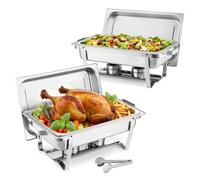 VEVOR Rectangle Chafing Dish, 9 Qt 2 Pack Stainless Steel Chafing Dish, Food Warmer Chafer Complete Set with Hollow Handle, 1 Food Tongs, Lid, Canister Holder, Chafer Dishes for Banquet Party Wedding