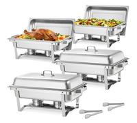 VEVOR Rectangle Chafing Dish, 9 Qt 4 Pack Stainless Steel Chafing Dish, Food Warmer Chafer Complete Set with Hollow Handle, 2 Food Tongs, Lid, Caniste