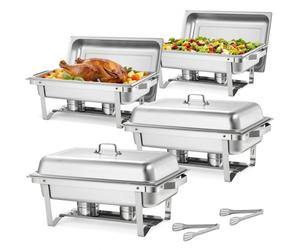 VEVOR Rectangle Chafing Dish, 9 Qt 4 Pack Stainless Steel Chafing Dish, Food Warmer Chafer Complete Set with Hollow Handle, 2 Food Tongs, Lid, Caniste
