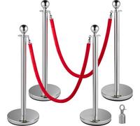 VEVOR Retractable Silver Round Top Queue Control Barrier Posts Stands Security Stanchion Rope Divider with 1.5M Red Rope Crowd Control Barrier Silver