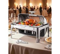 VEVOR Roll Top Chafing Dish Buffet Complete Set, 9 Qt 1 Pack Stainless Steel Chafer with 2 Half Size Pans, Rectangle Catering Warmer Server with Visible Lid Water Pan Folding Stand Fuel Holder, Silver