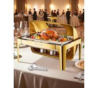 VEVOR Roll Top Chafing Dish Buffet Complete Set, 9Qt Stainless Steel Chafer with Full Size Pan, Rectangle Catering Warmer Server with Visible Lid Water Pan Folding Stand Fuel Holder Meal Clip, Gold