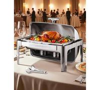 VEVOR Roll Top Chafing Dish Buffet Complete Set, 9Qt Stainless Steel Chafer with Full Size Pan, Rectangle Catering Warmer Server with Lid Water Pan Folding Stand Fuel Holder Meal Clip, Silver