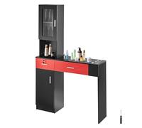 VEVOR Salon Station, Wall Mount Barber Salon Station for Hair Stylist, Beauty Spa Furniture Set, 1 Storage Cabinet, 3 Cubbies and 2 Drawers(One Lockable), Black and Red
