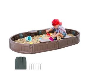 VEVOR Sandbox with Cover, 72 x 41.5 x 9.1 in Oval Sand Box, HDPE Sand Pit with 4 Corner Seating and Bottom Liner, Kids Sandbox for Outdoor Backyard, B