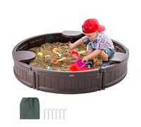 VEVOR Sandbox with Cover, 47.2 x 9.1 in Round Sand Box, HDPE Sand Pit with 3 Corner Seating and Bottom Liner, Kids Sandbox for Outdoor Backyard, Beach, Park, Gift for Boys Girls Ages 3-12, Brown