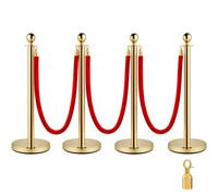 VEVOR Set of 2 Gold Round Top Queue Control Barrier Posts Stands Security Stanchion Rope Divider Stainless Steel with 1.5M Red 3 Velvet Rope 4 Pack