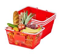 VEVOR Shopping Baskets, 4 PCS, 21L Stackable PE Plastic Grocery Baskets with Handles, Dense Mesh Structure, Holds up to 9.07kg, Portable for Grocery, Retail, Stores, Supermarket, Home Use, Red