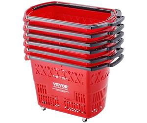 VEVOR Shopping Baskets, 6PCS, 39L Shopping Carts with Handles, Plastic Rolling Shopping Basket with Wheels, Large Portable Shopping Basket Set for Supermarkets, Retail Stores, Grocery Shopping, Red