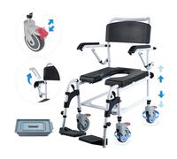 VEVOR Shower Commode Wheelchair with 4 Lockable Wheels, Footrests, Flip-up Arms, 3-Level Adjustable Height, 5L Removable Bucket, 350 LBS Capacity, Commode Chair for Adults Seniors