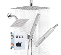 VEVOR Shower Faucet Set, 12 Inch Thermostatic Ceiling Mount Rainfall Shower System with 6 Inch Wall Mount Head and 2 in 1 Handheld Spray, 3-Function Dual Rain Head Brass Valve and Trim Kit, Chrome