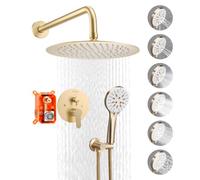 VEVOR Shower Faucet Set, Rainfall Bathroom Shower System with 10-Inch (25.4cm) Round Rain Shower Head and Handheld Spray, Wall Mounted Bath Fixtures with Brass Valve and Trim Kit, Brushed Gold