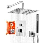 VEVOR Shower Faucet Set, Rainfall Bathroom Shower System with 10-Inch (25.4cm) Square Rain Shower Head and Handheld Spray, Wall Mounted Bath Fixtures with Brass Valve and Trim Kit, Silver Chrome