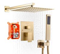 VEVOR Shower Faucet Set, Rainfall Bathroom Shower System with 10-Inch (25.4cm) Square Rain Shower Head and Handheld Spray, Wall Mounted Bath Fixtures with Brass Valve and Trim Kit, Brushed Gold