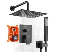 VEVOR Shower Faucet Set, Rainfall Bathroom Shower System with 10-Inch (25.4cm) Square Rain Shower Head and Handheld Spray, Wall Mounted Bath Fixtures with Brass Valve and Trim Kit, Matte Black