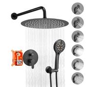 VEVOR Shower Faucet Set, Rainfall Bathroom Shower System with 12-Inch (30.5cm) Round Rain Shower Head and Handheld Spray, Wall Mounted Bath Fixtures with Brass Valve and Trim Kit, Matte Black