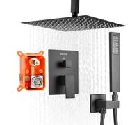 VEVOR Shower Faucet Set, Rainfall Bathroom Shower System with 12-Inch (30.5cm) Square Rain Shower Head and Handheld Spray, Ceiling Mount Bath Fixtures with Brass Valve and Trim Kit, Matte Black