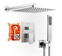 VEVOR Shower Faucet Set, Rainfall Bathroom Shower System with 12-Inch (30.5cm) Square Rain Shower Head and Handheld Spray, Wall Mounted Bath Fixtures with Brass Valve and Trim Kit, Brushed Nickel