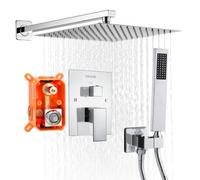 VEVOR Shower Faucet Set, Rainfall Bathroom Shower System with 12-Inch (30.5cm) Square Rain Shower Head and Handheld Spray, Wall Mounted Bath Fixtures with Brass Valve and Trim Kit, Silver Chrome