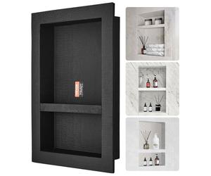 VEVOR Shower Niche Ready for Tile 40.64 x 60.96 cm, Double Shelf Organizer, Square Corners Wall-inserted Niche Recessed, Sealed Protection Modern Soap Storage Niche for Shower Bathroom, Black