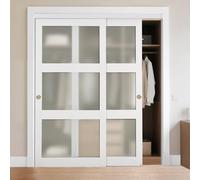 VEVOR Sliding Closet Door, 1829mm (Double 940mm) x 2032 mm, 3-Lite Frosted Glass Bypass Sliding Doors with Hardware Kit, Solid Wood & MDF Slab with Water-Proof PVC Surface for Closets Bedrooms
