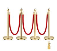 VEVOR Stainless Steel Barrier Post Rope Delivery Stand Ball Head 3 Red Velvet Ropes Golden Column 4 Pack Crowd Control Barriers