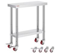 VEVOR Stainless Steel Catering Work Table 30x12 Inch Commercial Kitchen Table with 4 Wheels Commercial Food Prep Workbench with Flexible Adjustment Shelf for Kitchen Prep Table