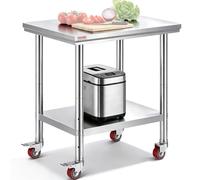 VEVOR Stainless Steel Catering Work Table 30x24 Inch Commercial Work Table with 4 Wheels Commercial Food Prep Workbench with Flexible Adjustment Shelf for Kitchen Prep Table