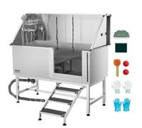VEVOR Stainless Steel Dog Washing Station, 157.48 cm Pet Grooming Tub w/ Stairs, PE Water Filter Board, Faucet & Showerhead & Soap Holder Dog Bathtub