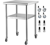 VEVOR Stainless Steel Prep Table, 24 x 24 x 33.5 Inch, 600lbs Load Capacity Heavy Duty Metal Worktable with Adjustable Undershelf & Universal Wheels, Commercial Workstation for Kitchen Garage Backyard