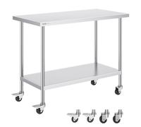 VEVOR Stainless Steel Work Table 24 x 48 x 38 Inch, with 4 Wheels, 3 Adjustable Height Levels, Heavy Duty Food Prep Worktable for Commercial Kitchen Restaurant, Silver